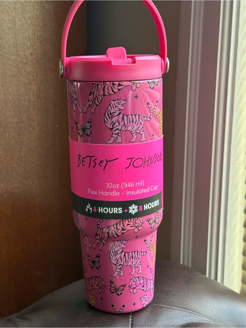 Betsey Johnson NWT Pink Tiger Insulated Cup with Flex Handle